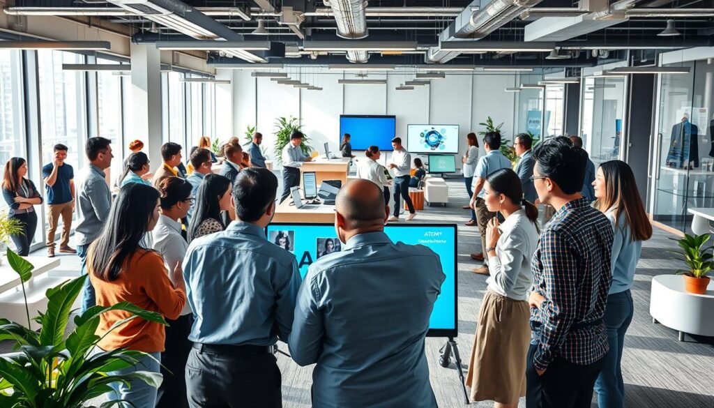 A bustling office setting with a diverse team of ATOMY employees engaged in various training and development activities. The foreground depicts a group gathered around a large interactive display, collaborating on a project. The middle ground features individuals attending a presentation, while the background showcases an open workspace with modern furnishings and natural lighting streaming through large windows. The scene conveys a dynamic, innovative, and growth-oriented atmosphere, reflecting the continuous learning and advancement culture of ATOMY.