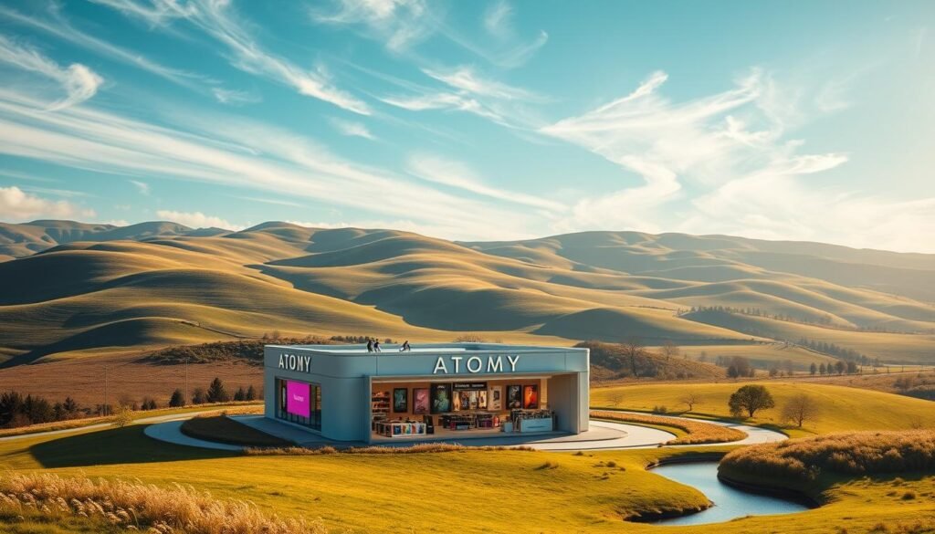 A majestic, sun-drenched landscape of rolling hills, lush meadows, and winding streams, where a transformed, innovative ATOMY storefront stands as the centerpiece. Sleek, modern architecture blends seamlessly with the natural beauty, reflecting the brand's commitment to direct-to-consumer revolution. In the foreground, vibrant displays showcase ATOMY's diverse product offerings, enticing potential customers. A warm, inviting atmosphere permeates the scene, hinting at the transformative power of this new direct sales model. Overhead, wispy clouds drift across a brilliant azure sky, adding a sense of tranquility and progress. The entire composition radiates a harmonious fusion of nature, technology, and the promise of a better, more accessible marketplace.