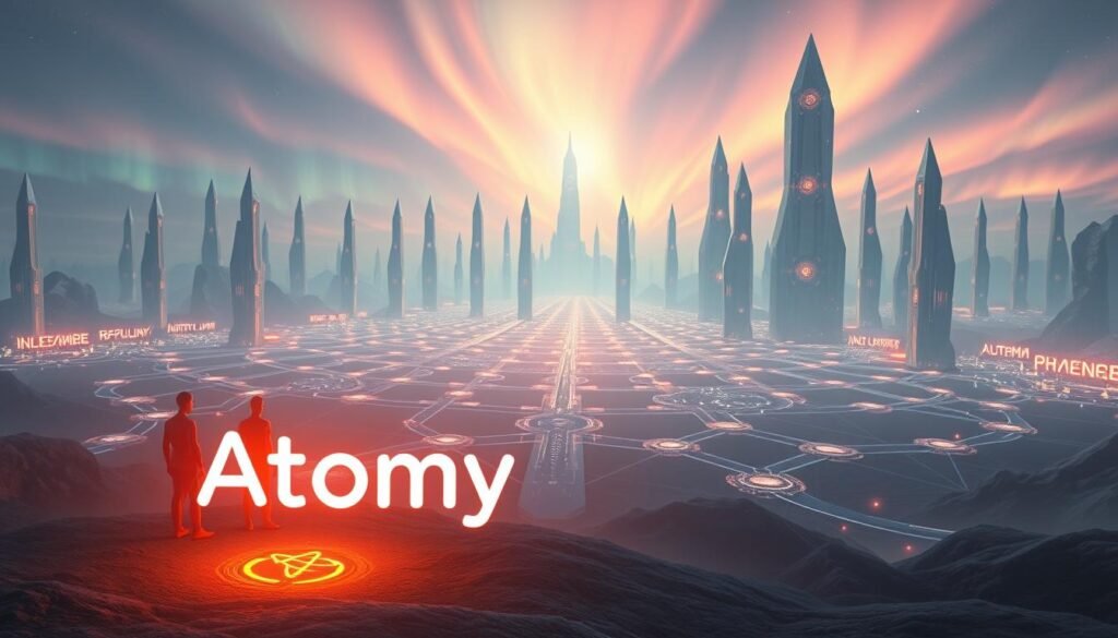 A serene, futuristic landscape with the Atomy logo prominently displayed. The foreground features a group of figures, each representing a different tier of Atomy's membership levels, bathed in warm, ambient lighting. Their forms are composed of sleek, angular lines, conveying a sense of technological elegance. In the middle ground, a sprawling, interconnected network of glowing pathways and holographic displays symbolizes the "Unlimited Levels" concept. The background is a vast, dreamlike expanse of towering, crystalline structures that reach towards a sky filled with shimmering, otherworldly auroras. The overall atmosphere is one of progress, unity, and limitless potential.