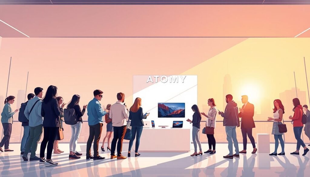A vibrant and dynamic illustration showcasing ATOMY's direct-to-consumer (CDM) marketing approach. In the foreground, a group of diverse consumers interact with ATOMY representatives, gesturing and engaged in lively discussions. The middle ground features a sleek, minimalist product display, highlighting ATOMY's premium offerings. In the background, a clean, modern cityscape provides a refined setting, bathed in warm, directional lighting that casts subtle shadows, creating depth and emphasizing the professional, high-quality atmosphere. The overall scene conveys ATOMY's commitment to empowering consumers through its innovative "Unlimited Levels" marketing model.