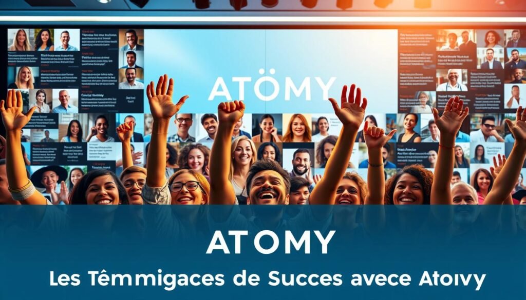 A vibrant digital collage showcasing the success stories of ATOMY's partners. In the foreground, a diverse group of individuals raise their hands triumphantly, their faces beaming with pride and satisfaction. The middle ground features a collage of headshots and testimonials, each one a testament to the transformative power of ATOMY's direct sales revolution. In the background, a sleek, modern backdrop with the ATOMY logo prominently displayed, conveying a sense of professionalism and innovation. The lighting is soft and warm, creating a feeling of positivity and optimism. The overall composition is dynamic and engaging, capturing the essence of the "Les Témoignages de Succès avec Atomy" section.